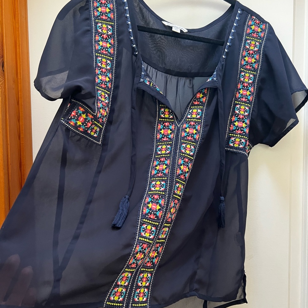 American Eagle Outfitters Navy Sheer Boho Blouse with Multicolor Embroidery